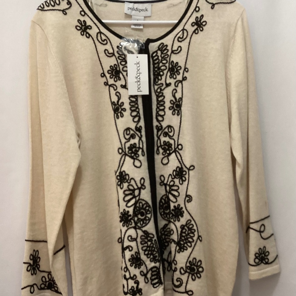 NWT - Peck & Peck - Zippered Cardigan - Size L - Cream & Black